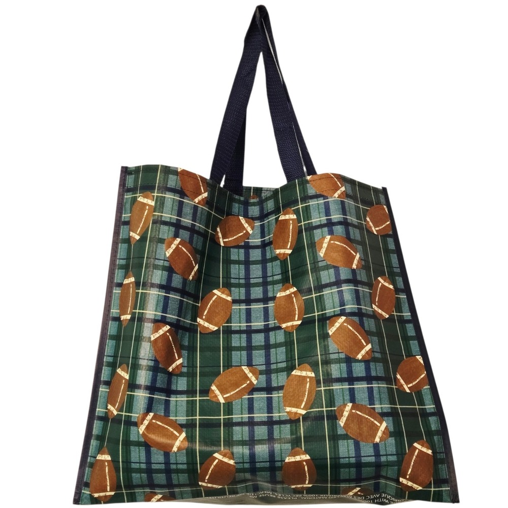 Football Sports Fall Ball Plaid Reusable Blue Green Gift Tote Bag Homegoods